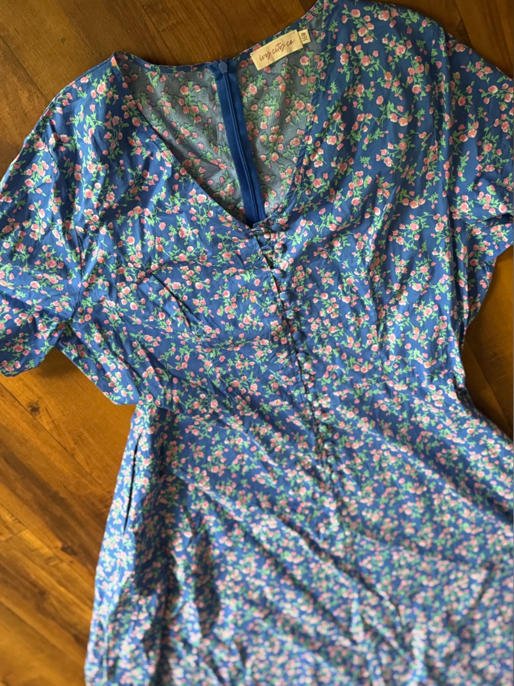 Ivy City Co Vintage Inspired Blue Floral Zip-Back Button Dress Pink Blossoms 16W - Picture 7 of 13